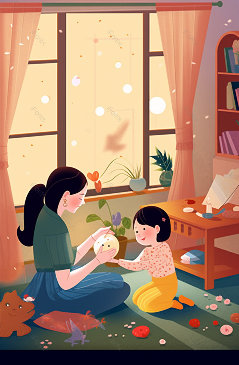 母女玩玩具感恩母亲节海报背景图,插画/手绘图,插画/手绘图库,插画/手绘图下载,插画/手绘